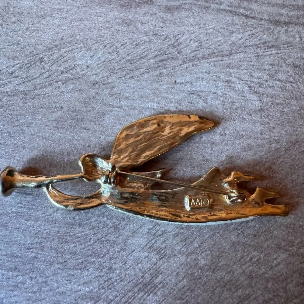 Vintage Trumpeting Angel Brooch Pin AAI Signed Glitter in Pearlescent
